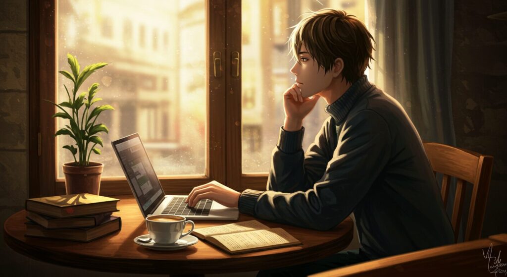 『毎年、記憶を失う彼女の救いかた』の作者・望月拓海先生をイメージした、カフェで創作活動をする男性の画像
