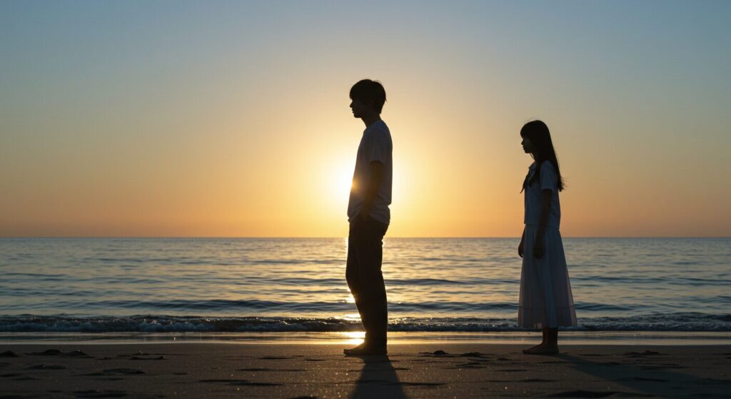 『毎年、記憶を失う彼女の救いかた』の登場人物、千鳥と真人の切ない関係性を象徴する、夕暮れの海辺で背中合わせに立つ二人の画像
