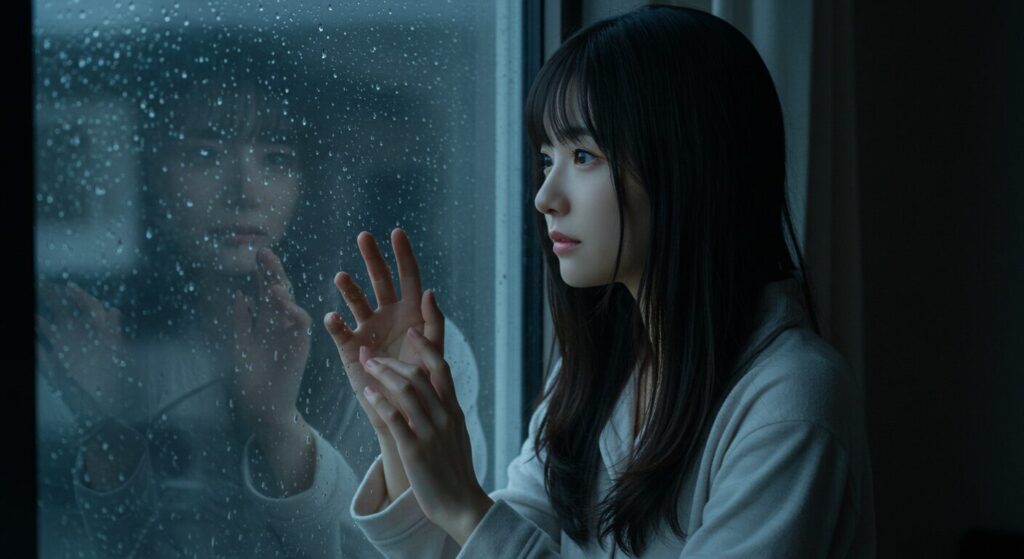 『毎年、記憶を失う彼女の救いかた』の主人公・千鳥の孤独と切なさを象徴する、雨の日に窓の外を眺める女性の画像