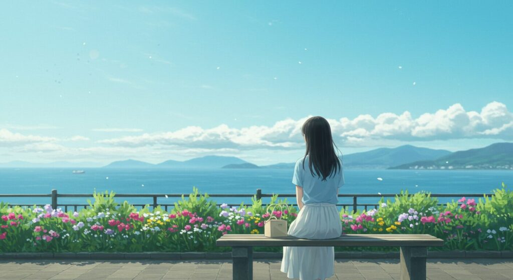 『毎年、記憶を失う彼女の救いかた』の物語を象徴する、公園のベンチで物憂げに海を見つめる女性の画像