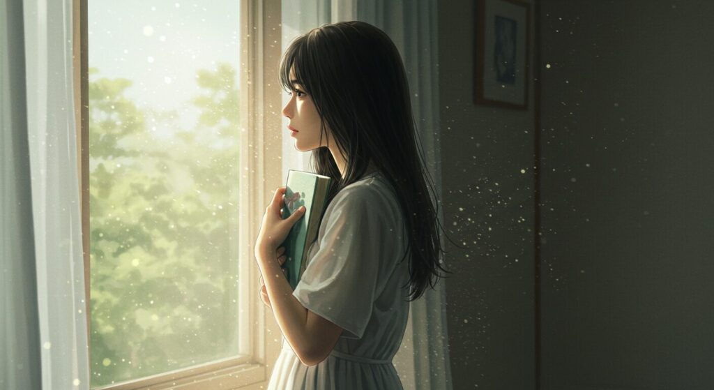 『毎年、記憶を失う彼女の救いかた』を読み終え、感動の余韻に浸る女性の画像