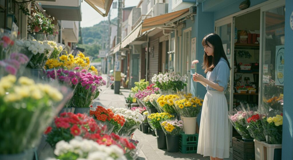 『毎年、記憶を失う彼女の救いかた』の主人公・尾崎千鳥をイメージした、花屋で花を眺める清楚で儚げな女性の画像