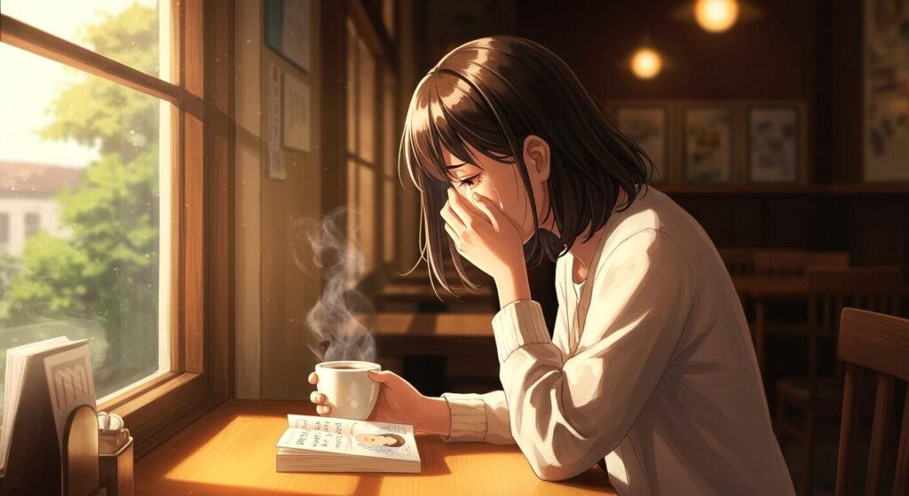 『毎年、記憶を失う彼女の救いかた』を読んで感動し、カフェで涙をこらえる女性の画像