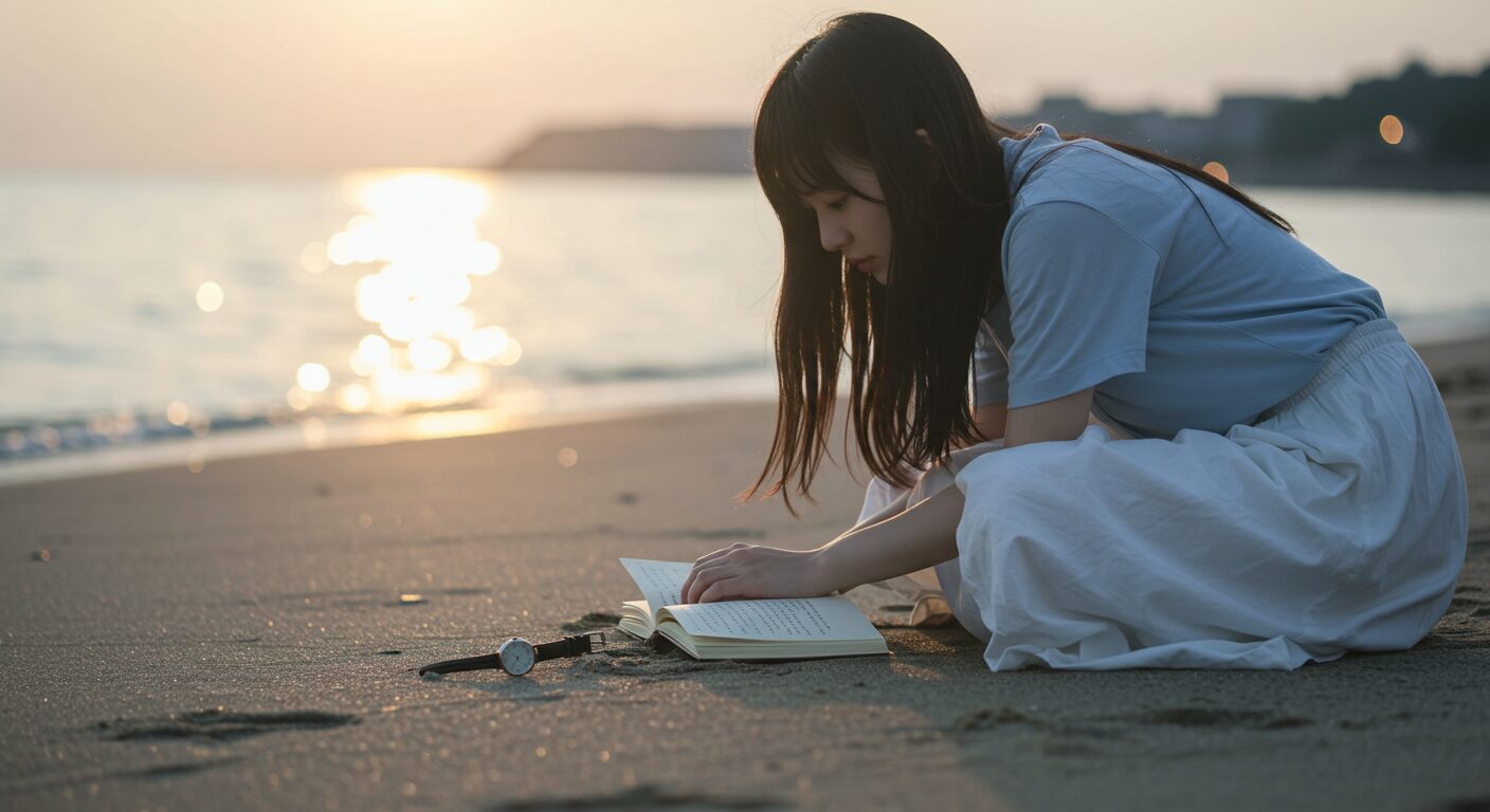 『毎年、記憶を失う彼女の救いかた』を象徴する、夕暮れの海辺で日記帳と腕時計を見つめる女性の切ない雰囲気の画像