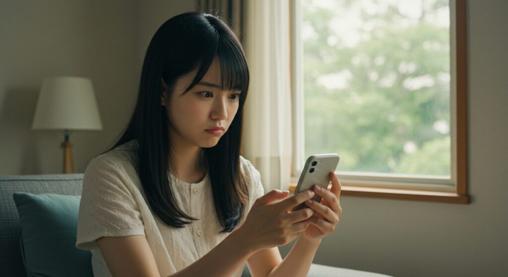 『毎年、記憶を失う彼女の救いかた』のレビューをスマホで読み、興味深そうな表情を浮かべる女性の画像