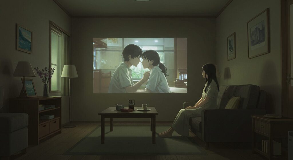 『毎年、記憶を失う彼女の救いかた』と似ている作品の比較をイメージした、部屋で一人恋愛映画を観る黒髪ロングの女性の画像