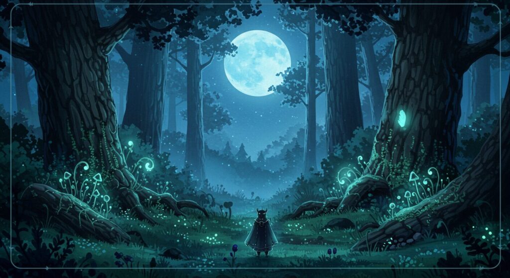 『ミミズクと夜の王』のお伽話のような世界観を表現した画像。月夜に照らされた幻想的な森の風景