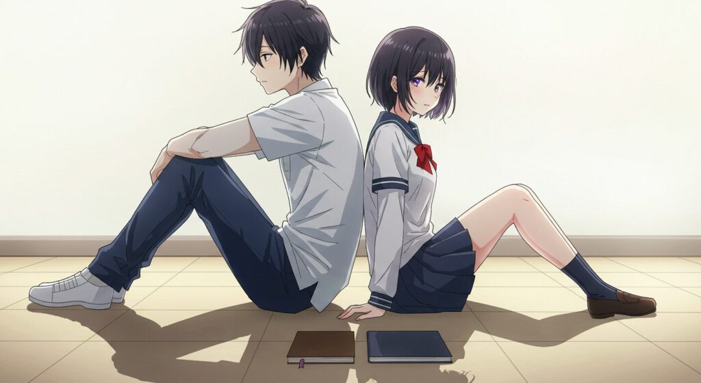 『三角の距離は限りないゼロ』の物語の核心。背中合わせに座る主人公とヒロイン、床には交換日記が置かれている
