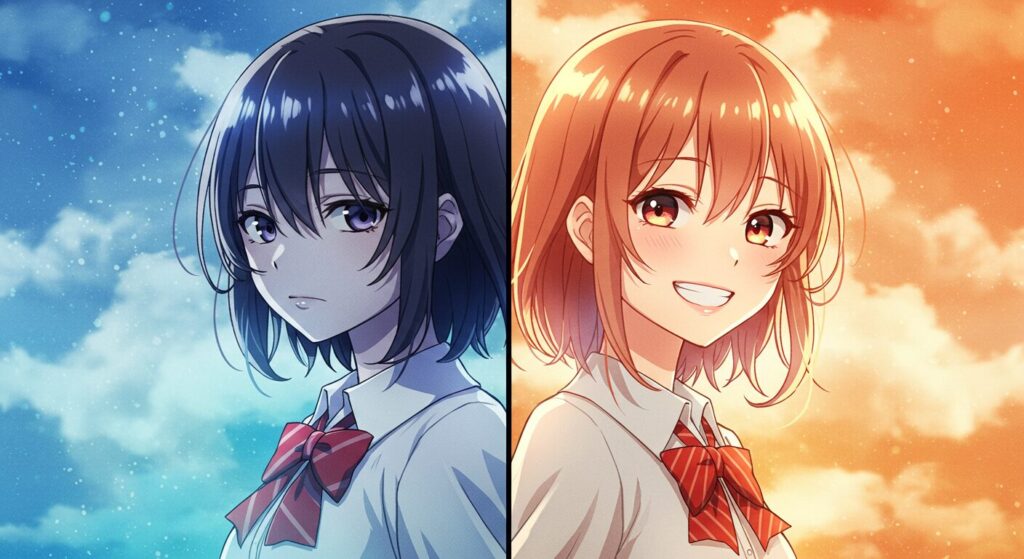 『三角の距離は限りないゼロ』の対照的なヒロイン。背中合わせになった少女の左半分はクールな表情、右半分は優しい笑顔