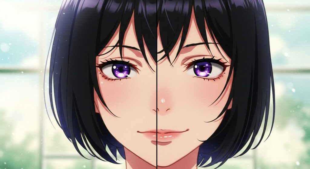『三角の距離は限りないゼロ』のイラストの描き分け。左はクールな秋玻、右は優しい春珂の表情の比較