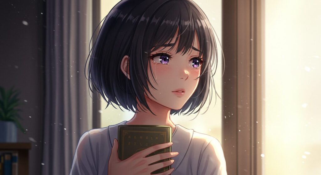『三角の距離は限りないゼロ』を読んで感動し、涙を浮かべる少女のイラスト