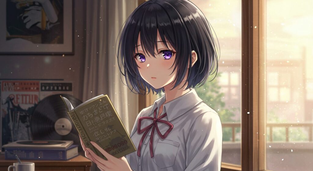 『三角の距離は限りないゼロ』のヒロイン、水瀬秋玻。窓辺で読書をしながら物思いにふける、クールさと脆さが同居するイラスト