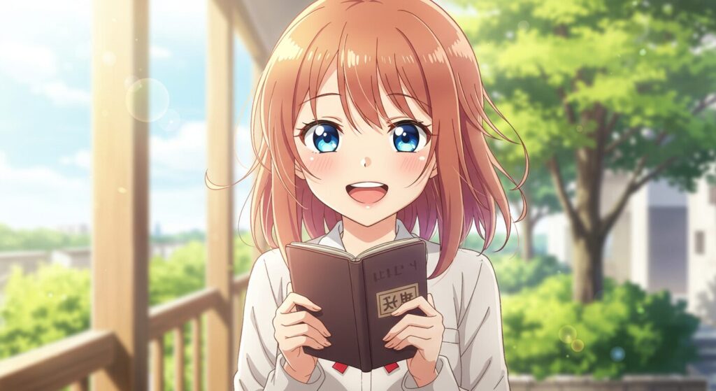 『三角の距離は限りないゼロ』のヒロイン、水瀬春珂。明るい笑顔で交換日記を差し出す、健気で可愛い少女のイラスト