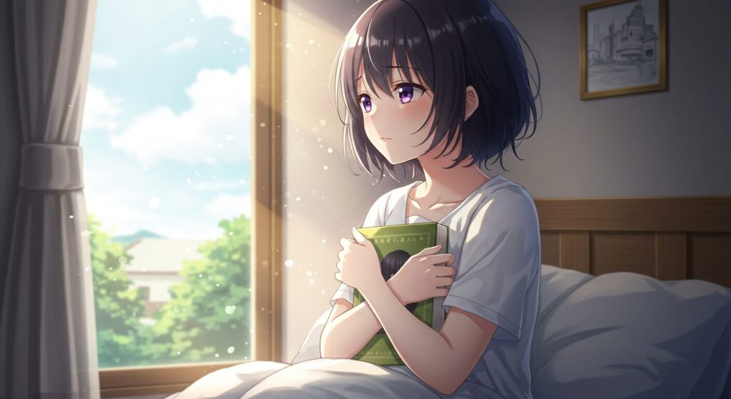 『三角の距離は限りないゼロ』の感想・評価を象徴する画像。本を胸に抱き、物語の余韻に浸る少女
