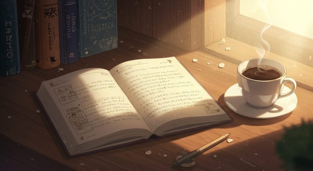 『三角の距離は限りないゼロ』まとめ。交換日記とコーヒーカップが置かれた、読後の余韻を感じさせる穏やかなイラスト