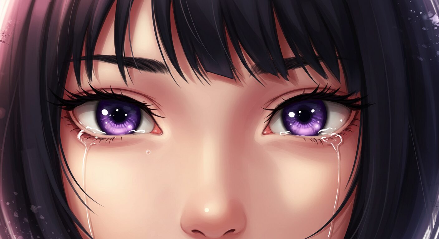 アニメ調の少女の顔のクローズアップ。彼女の片目からは涙が一筋流れており、もう片方の目は優しく微笑んでいるように見える、アンバランスで複雑な表情。『三角の距離は限りないゼロ』の登場人物の繊細な心情を表している