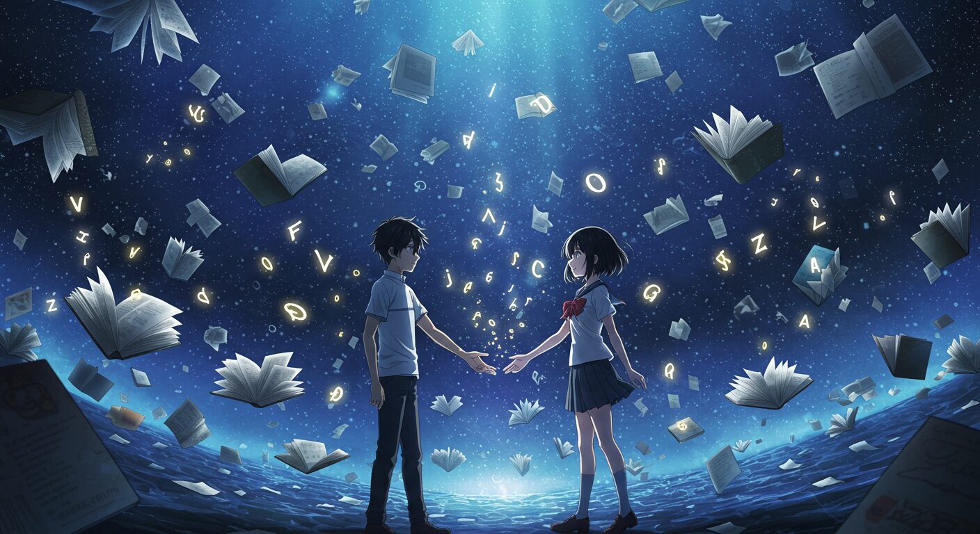 ライトノベル『小説の神様』のアイキャッチ画像。たくさんの本が浮かぶ幻想的な空間に立つ、男子高校生と女子高生が手を伸ばし合う様子
