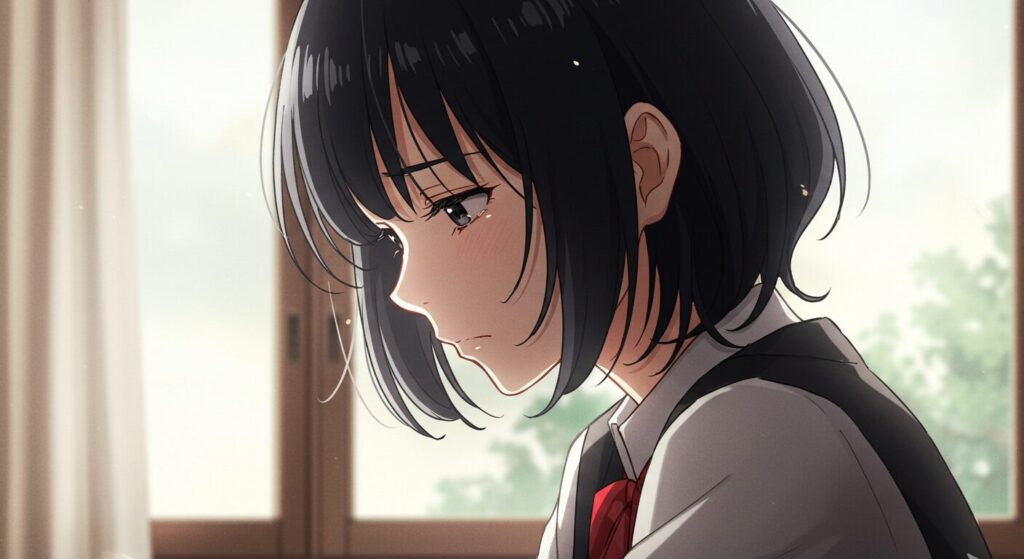 ライトノベル『小説の神様』のイメージ画像。窓際に座る女子高生のアップ。その表情は悲しげだが、瞳の奥には強い意志が感じられる