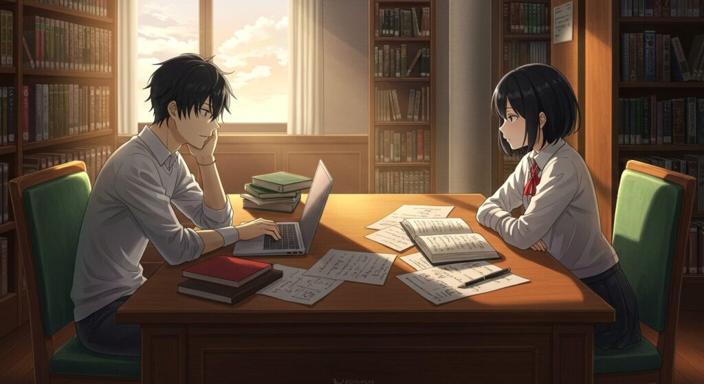 ライトノベル『小説の神様』のイメージ画像。放課後の図書室で、物憂げな男子高校生と自信に満ちた女子高生が机を挟んで向かい合い、小説について話している
