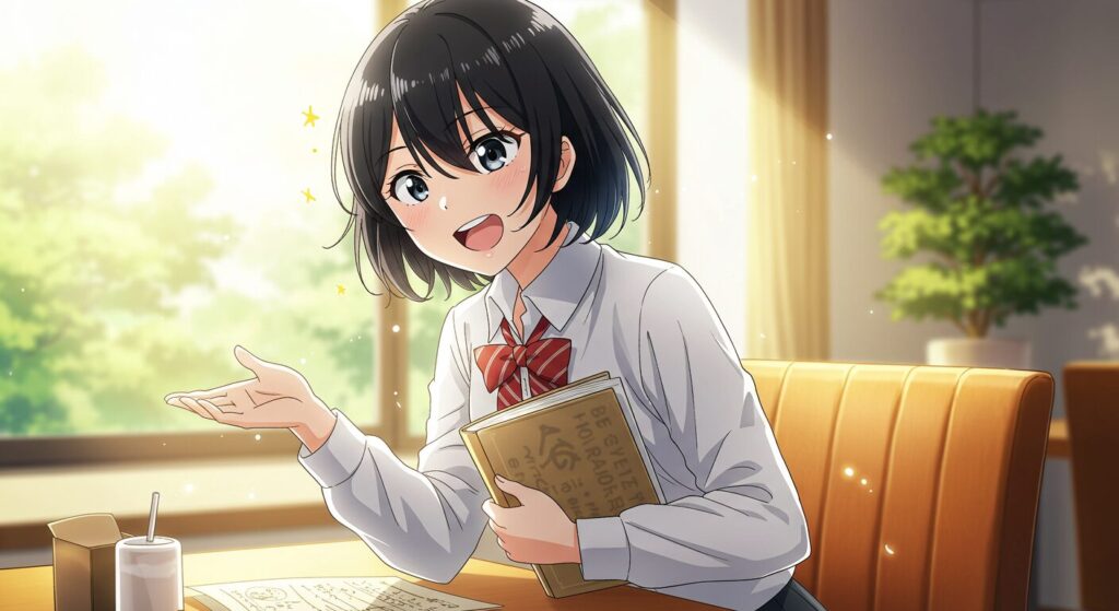 ライトノベル『小説の神様』のイメージ画像。カフェで女子高生が小説の原稿を手に、情熱的に何かを語っている