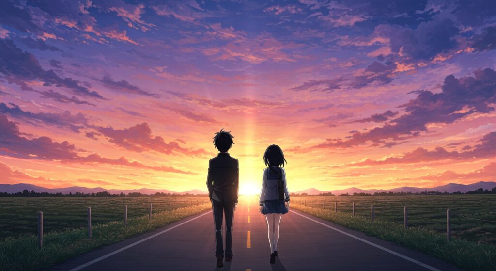 ライトノベル『小説の神様』のまとめ画像。二人の高校生が夕焼けの空に向かって、未来へ歩き出す後ろ姿