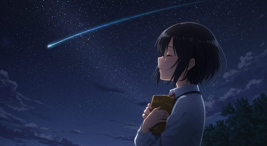 夜空の下、本を抱きしめて星に願いをかける少女の姿。物語への祈りを象徴している