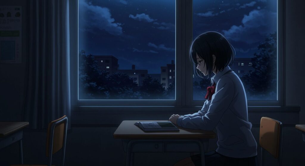 ライトノベル『小説の神様』のイメージ画像。夜の教室で、女子高生が一人うつむき、窓ガラスに映る自分と対比されているミステリアスな様子