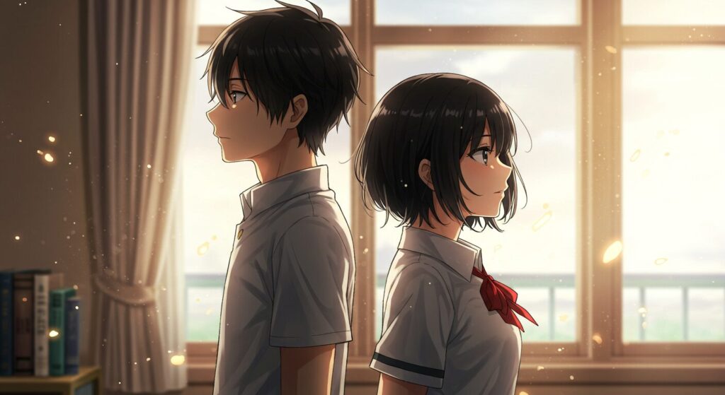 ライトノベル『小説の神様』のイメージ画像。二人の高校生が日の光が差す中で、協力して前を向き、希望に満ちた表情をしている