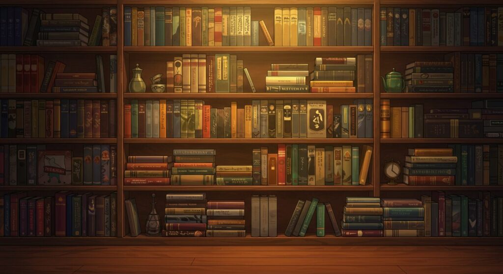 様々なジャンルの本が並んだ、おしゃれな本棚のイラスト