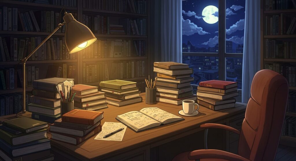 ライトノベル作家の書斎のイメージ画像。夜、机の上にたくさんの本や資料が積まれ、創作の跡が感じられる