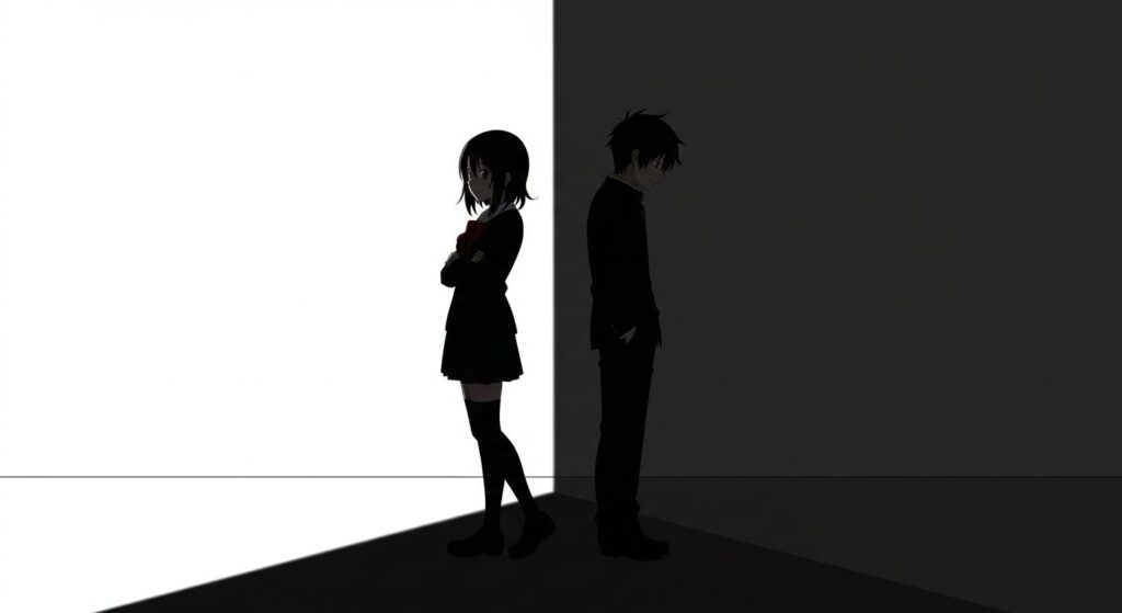 光と影が交差する中に立つ二人の高校生のシルエット。意見の対立と葛藤を象徴している