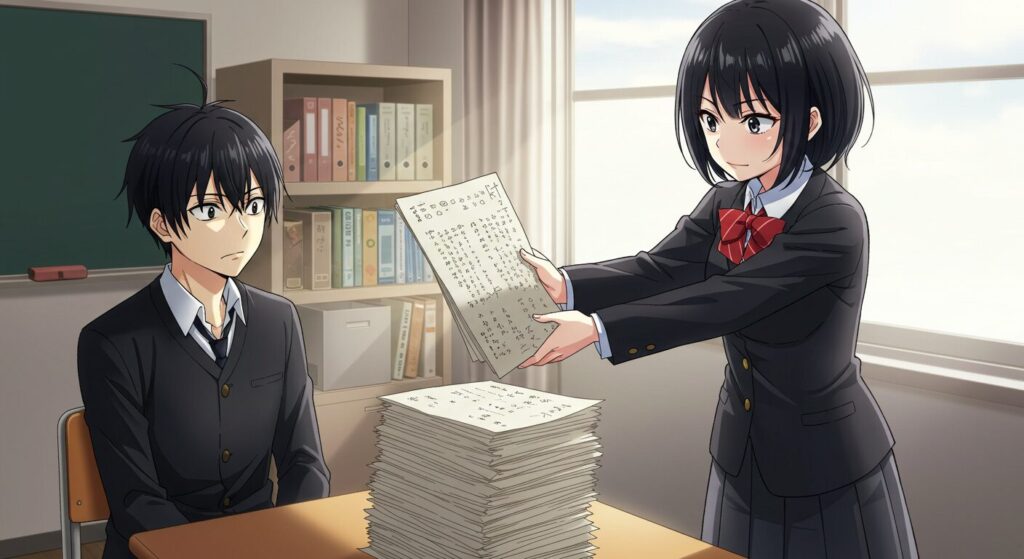 ライトノベル『小説の神様』のイメージ画像。戸惑う男子高校生に対し、女子高生が自信満々に小説の原稿を差し出している