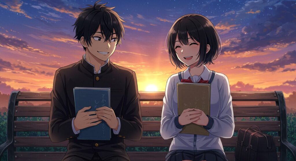  ライトノベル『小説の神様』のイメージ画像。二人の高校生が完成した原稿を手に、満足げに微笑み合っている