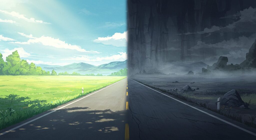 『たったひとつの、ねがい。』のイメージ画像。一本の道が穏やかな道と険しい道に分かれている様子が、読者の評価が二極化する「評価の分岐点」を象徴している
