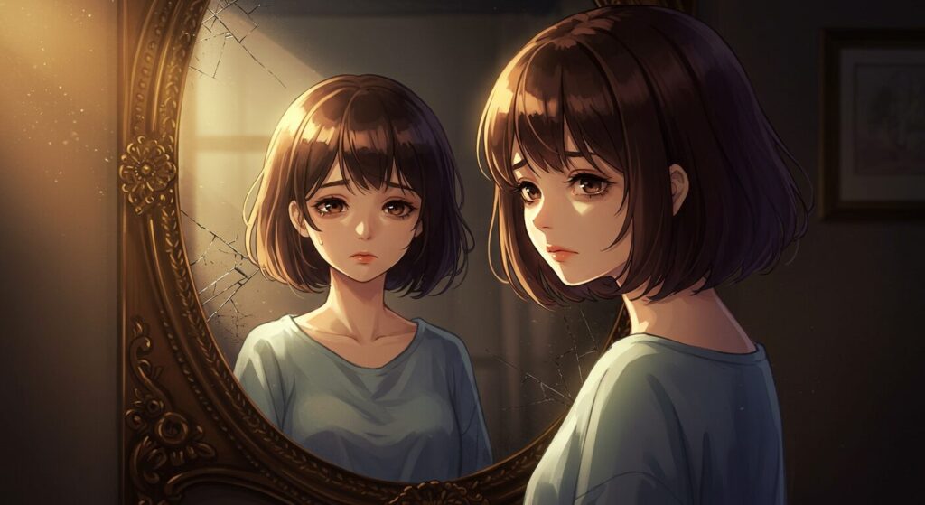 『たったひとつの、ねがい。』のアイキャッチ画像。鏡の前に立つ少女（陽子）が、鏡の中では狂気的な笑みを浮かべており、作品の叙述トリックと登場人物の二面性を象徴している