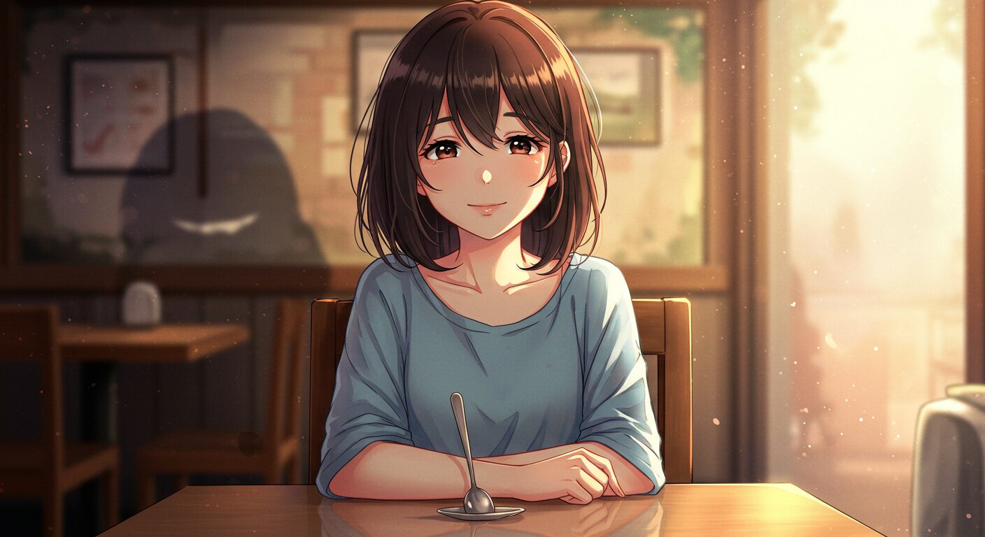 『たったひとつの、ねがい。』のアイキャッチ画像。レストランで穏やかに微笑む少女（陽子）と、彼女の背後にある不気味な影が描かれ、作品の日常に潜む狂気と表紙詐欺のテーマを象徴している