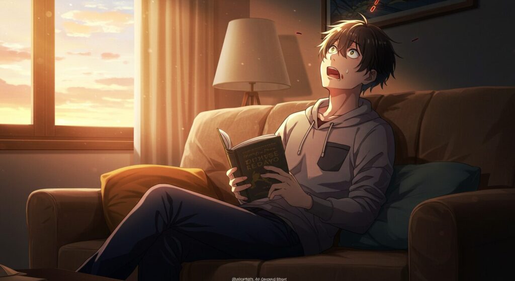 『たったひとつの、ねがい。』のイメージ画像。本を読み終えた人物が、衝撃と感嘆の入り混じった表情で天井を仰いでおり、本作を絶賛する読者の様子を象徴している