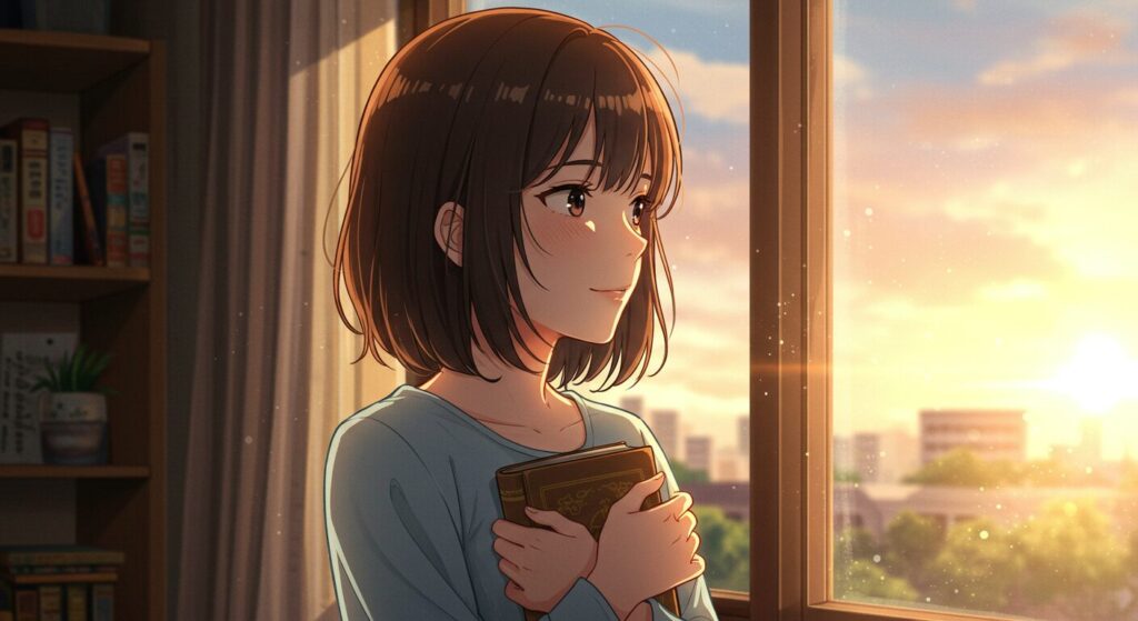 『たったひとつの、ねがい。』のイメージ画像。本を閉じて物思いにふける少女（陽子）の複雑な表情が描かれ、賛否両論を巻き起こす作品の読後感を象徴している
