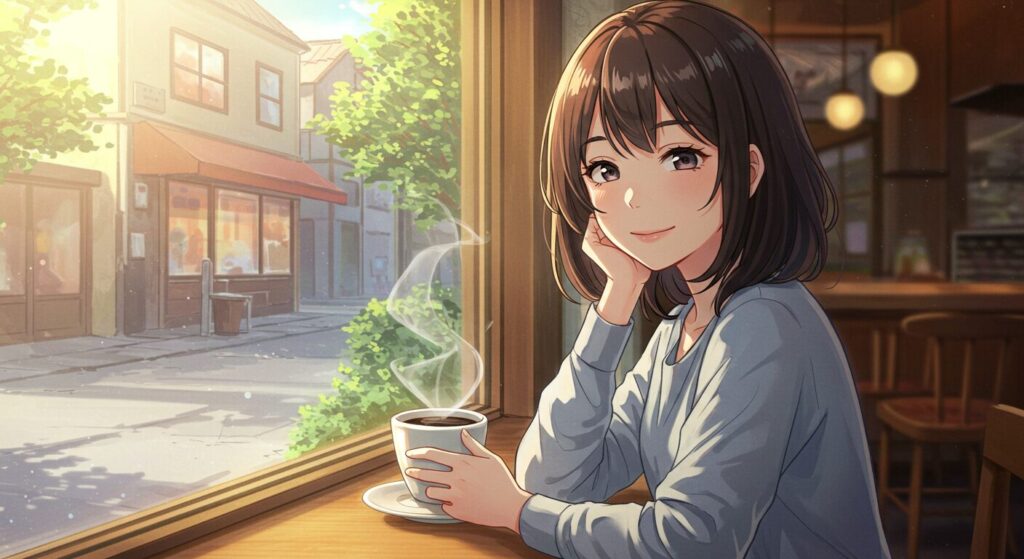 『たったひとつの、ねがい。』のイメージ画像。カフェで優しく微笑む少女（陽子）だが、窓の外の風景やカップの反射には不穏な歪みが見え、物語の危険性を暗示している