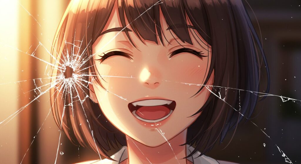 『たったひとつの、ねがい。』のイメージ画像。幸せそうに微笑む少女のイラストに、ひび割れたガラスのエフェクトが重なっており、幸福な日常の崩壊を暗示している
