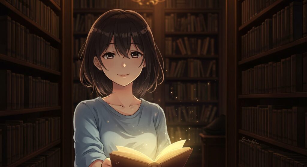 『たったひとつの、ねがい。』のイメージ画像。図書館で少女（陽子）が光る本を差し出し、読者を作者の他の作品や関連作品の世界へと誘っている様子