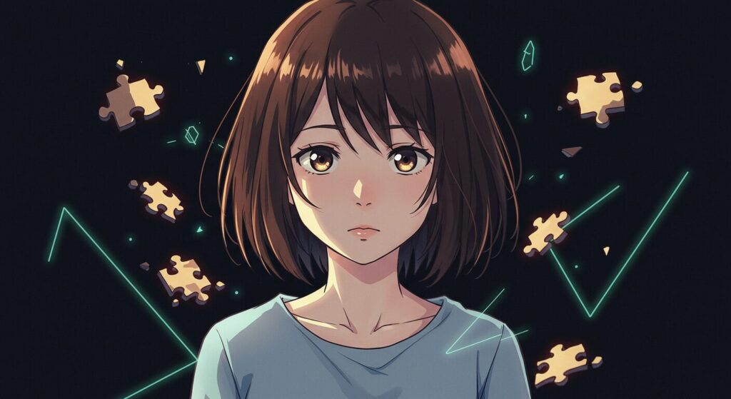 『たったひとつの、ねがい。』のイメージ画像。ミステリアスな表情の少女（陽子）の周りに、崩れたパズルのピースが舞っており、物語の複雑な構造と叙述トリックを象徴している