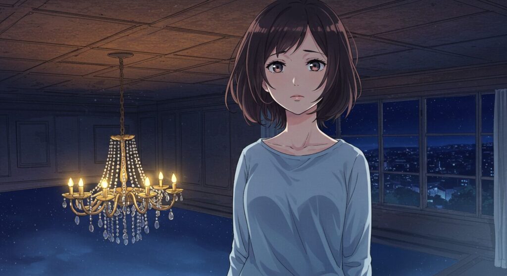 『たったひとつの、ねがい。』のイメージ画像。天地が逆さまになった部屋に立つ少女（陽子）が描かれ、物語の真相が明らかになり、世界が反転する衝撃を象徴している