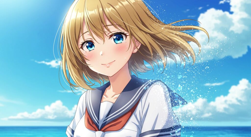 『あの夏、夢の終わりで恋をした。』のヒロイン・咲葵のイラスト。夏空の下で優しく微笑むセーラー服の少女。その身体の一部が光の粒子となって消えかかっている