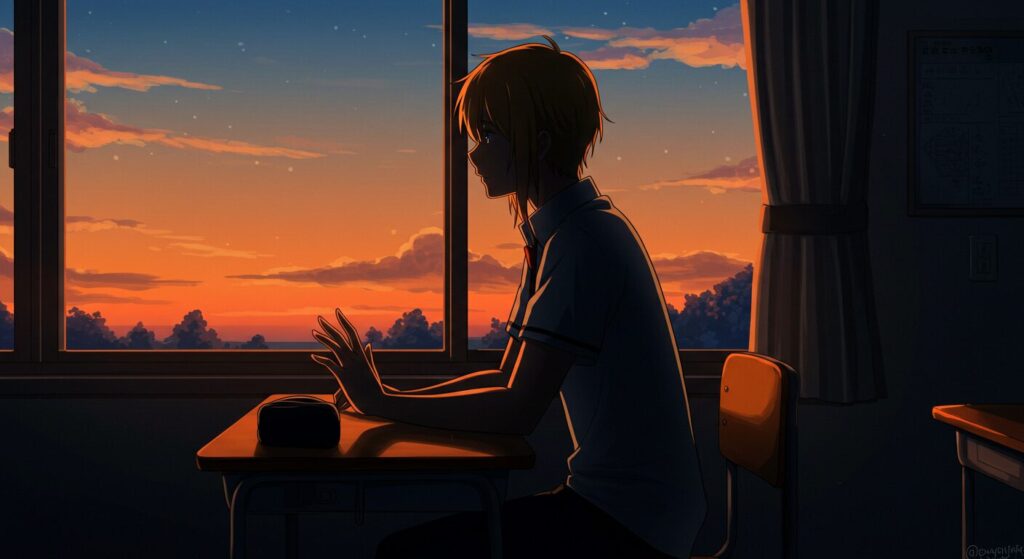 『あの夏、夢の終わりで恋をした。』の主人公・透を象徴する画像。夕暮れの教室で、一人窓の外を眺める男子高校生のシルエット。彼の孤独と後悔を表す切ないイラスト