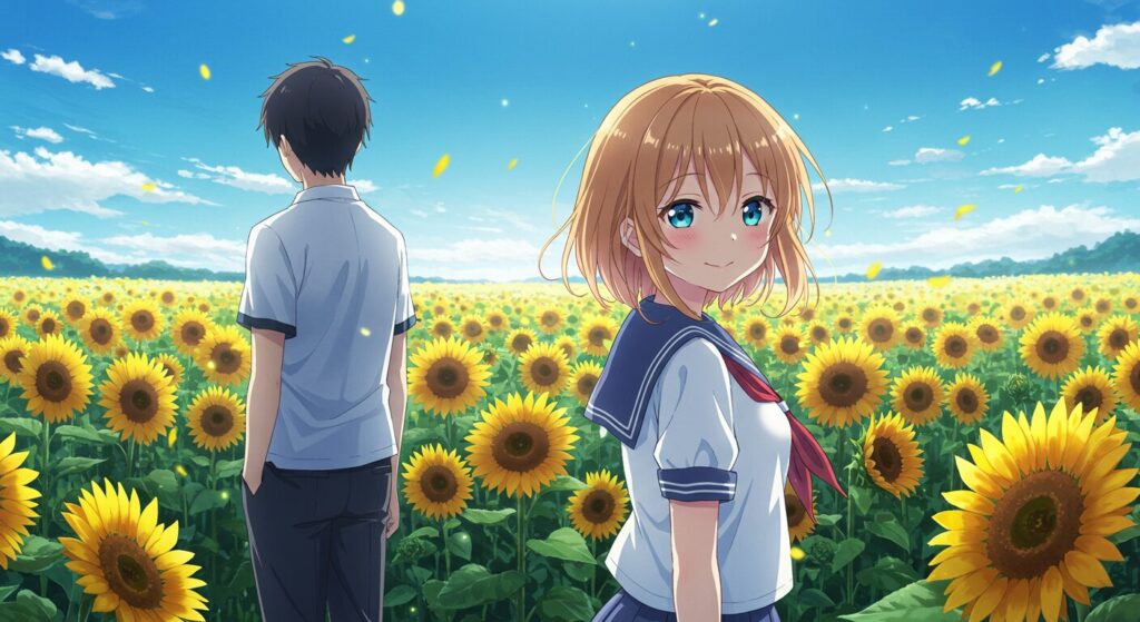『あの夏、夢の終わりで恋をした。』の主要登場人物を象徴する画像。ひまわり畑で微笑むヒロイン咲葵と、それを見守る主人公の透。二人の関係性を描いた切ないイラスト