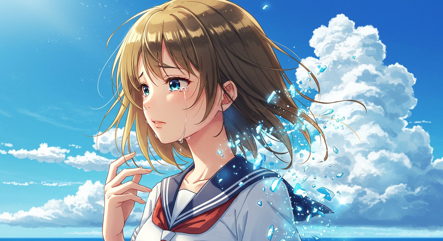 あの夏、夢の終わりで恋をした。』のアイキャッチ画像。青空の下で涙を流すヒロイン・咲葵の身体が光の粒子となって消えかかっている、儚さと切なさを表現したイラスト