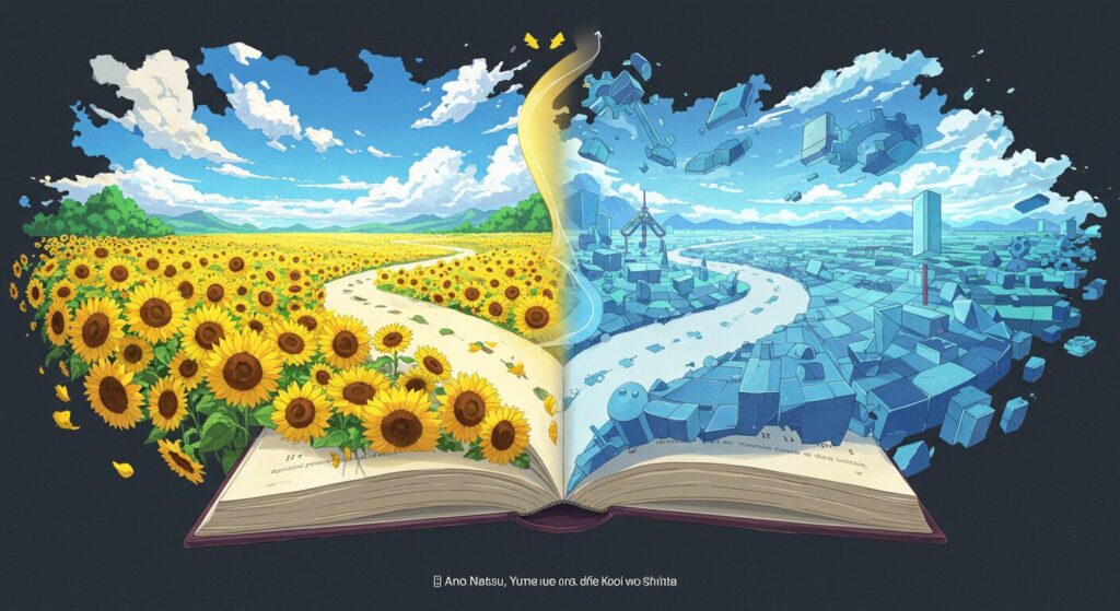 『あの夏、夢の終わりで恋をした。』が合う人・合わない人を象徴する画像。一冊の本から、感動的な風景と論理的な風景、二つの異なる道が伸びているイラスト