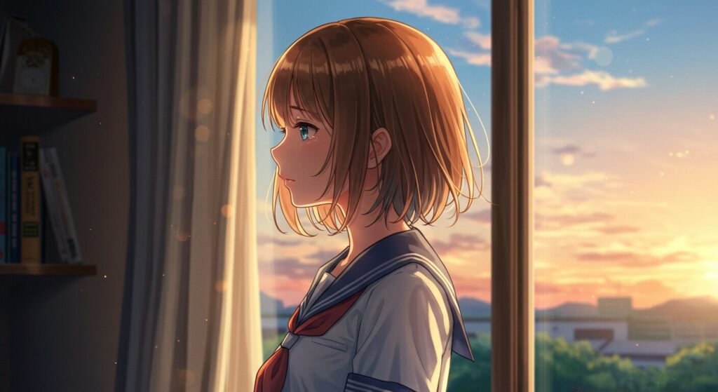 『あの夏、夢の終わりで恋をした。』の感想・評判を象徴する画像。窓辺に立ち、感動の余韻に浸るヒロイン咲葵の、涙ぐみながらも晴れやかな横顔のイラスト
