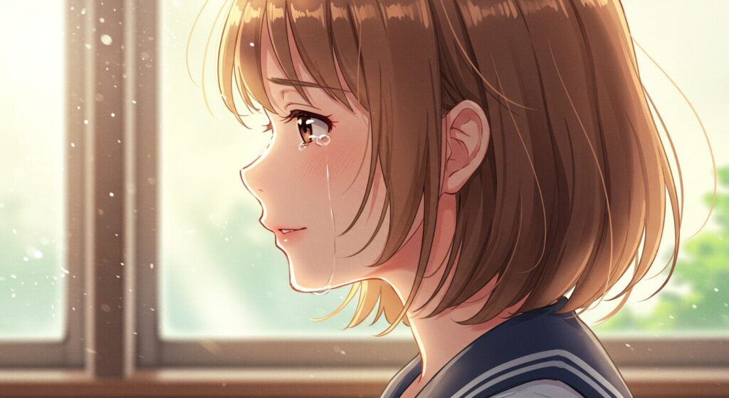 『あの夏、夢の終わりで恋をした。』の高評価レビューを象徴する画像。涙を流しながらも穏やかに微笑むヒロイン咲葵の横顔。感動の涙を表すエモーショナルなイラスト